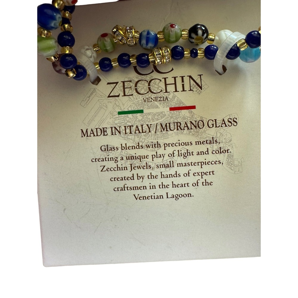 Zecchin Venezia Murano Glass Stretch Bracelets Made in Italy Blue Gold Set of 2